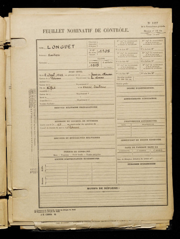 Longuet, Emilien, né le 02 avril 1895 à Estrées-Mons (Somme), classe 1915, matricule n° 1105, Bureau de recrutement de Péronne