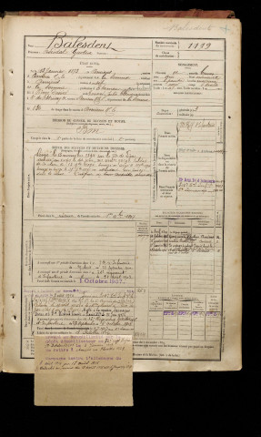 Balesdent, Adéodat Gustave, né le 13 janvier 1873 à Amiens (Somme), classe 1893, matricule n° 1119, Bureau de recrutement d'Amiens