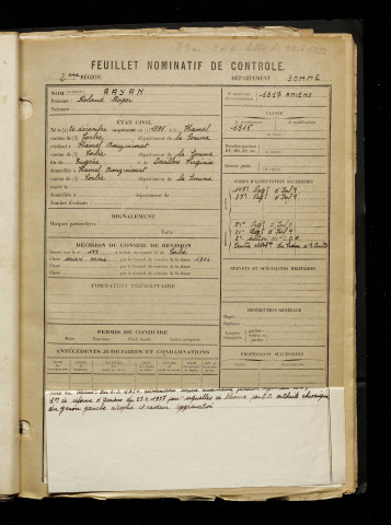 Rayan, Roland Roger, né le 26 décembre 1896 à Hamel (Le) (Somme), classe 1916, matricule n° 1517, Bureau de recrutement d'Amiens