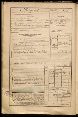 Choquet, Charles Emilien Jean Baptiste, né le 19 septembre 1867 à Ytres (Somme), classe 1887, matricule n° 558, Bureau de recrutement de Péronne