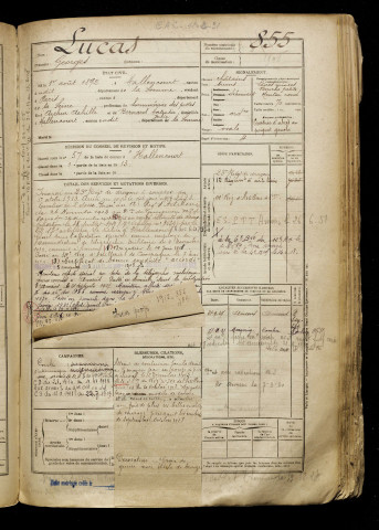 Lucas, Georges, né le 01 août 1892 à Hallencourt (Somme), classe 1912, matricule n° 855, Bureau de recrutement d'Abbeville