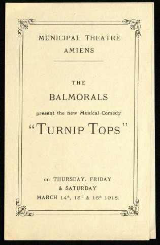 Municipal Theatre Amiens - The Balmorals present the new musical comedy : "TURNIP TOPS !", a musical comedy in three acts
