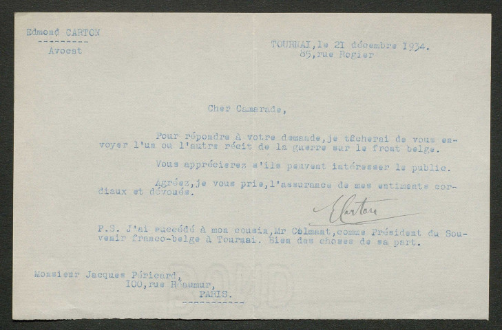 Témoignage de Carton, Edmond et correspondance avec Jacques Péricard