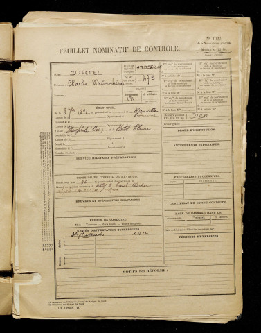 Dufetel, Charles Victor Irénée, né le 08 septembre 1891 à Agenville (Somme), classe 1911, matricule n° 478, Bureau de recrutement d'Abbeville