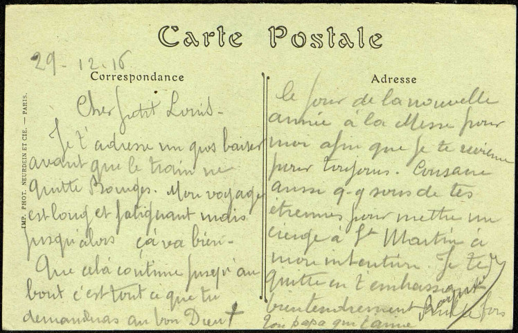 Carte postale intitulée "Bourges. Abside de la cathédrale". Correspondance de Raymond Paillart à son fils Louis