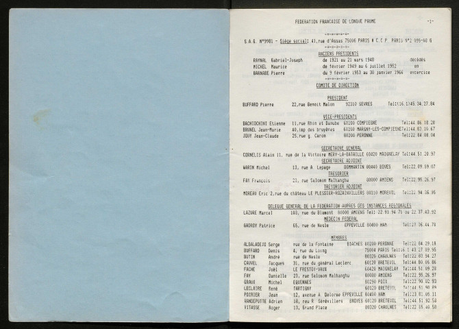 Opuscule (année 1987). Fédération française de Longue Paume : liste des sociétés, classement des joueurs et calendrier