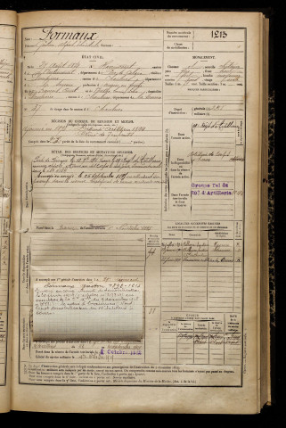 Formaux, Gaston Alfred Théodule, né le 27 août 1872 à Havrincourt (Pas-de-Calais), classe 1892, matricule n° 1213, Bureau de recrutement de Péronne