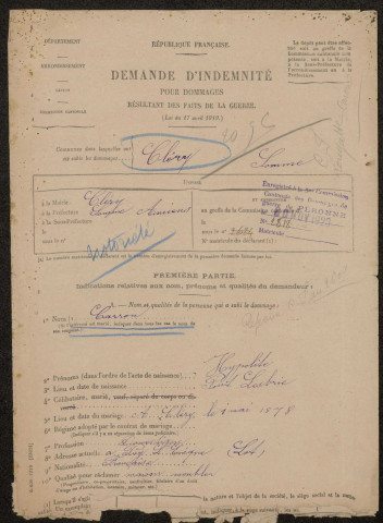 Cléry-sur-Somme. Demande d'indemnisation des dommages de guerre : dossier Caron-Verdy