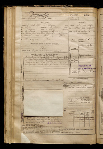 Démoulin, Edouard Michel, né le 24 octobre 1872 à Péronne (Somme), classe 1892, matricule n° 604, Bureau de recrutement de Péronne