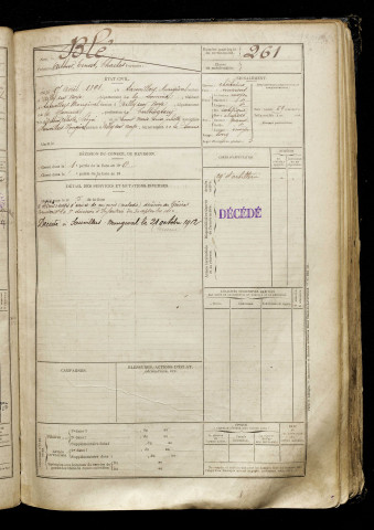 Blé, Arthur Ernest Charles, né le 17 avril 1891 à Sauvillers-Mongival (Somme), classe 1911, matricule n° 261, Bureau de recrutement de Péronne