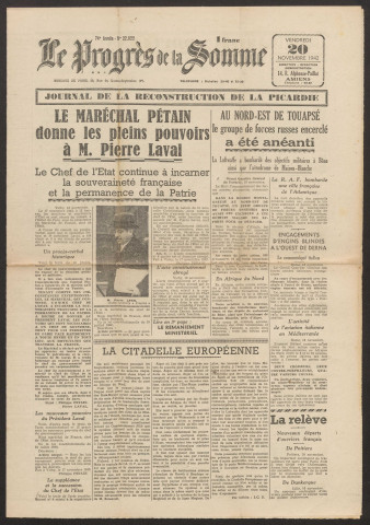 Le Progrès de la Somme, numéro 22822, 20 novembre 1942