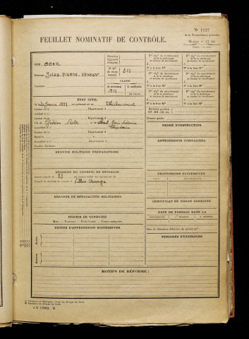 Oger, Jules Pierre Ernest, né le 20 janvier 1897 à Fréchencourt (Somme), classe 1917, matricule n° 312, Bureau de recrutement d'Amiens