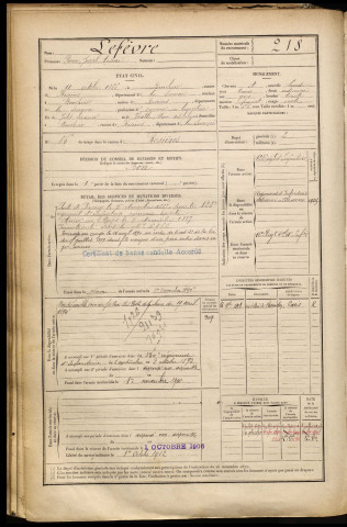 Lefèvre, Pierre Joseph Arsène, né le 11 octobre 1866 à Bouchoir (Somme), classe 1886, matricule n° 218, Bureau de recrutement de Péronne