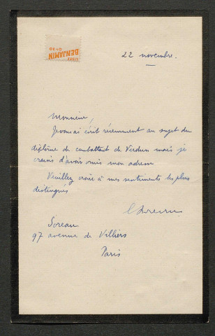 Témoignage de Soreau, Edmond (Sous-lieutenant) et correspondance avec Jacques Péricard