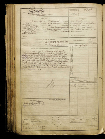 Gamelin, Raymond Pierre Germain, né le 03 juillet 1887 à Oisemont (Somme), classe 1907, matricule n° 1378, Bureau de recrutement d'Amiens