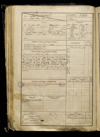 Dumont, Joseph Adrien Louis, né le 02 mai 1896 à Fressenneville (Somme), classe 1916, matricule n° 1166, Bureau de recrutement d'Abbeville