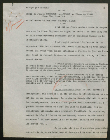 Témoignage de Duchesne, Joseph et correspondance avec Jacques Péricard