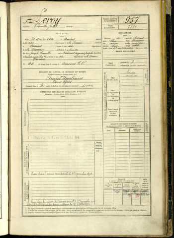 Leroy, Camille Jules, né le 31 avril 1860 à Amiens (Somme, France), classe 1880, matricule n° 957, Bureau de recrutement d'Amiens