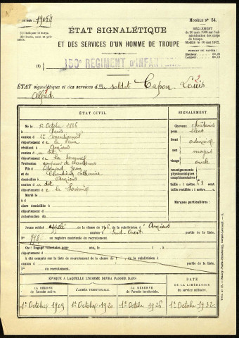 Capon, Louis Alfred, né le 01 octobre 1886 à Paris (Paris), classe 1906, matricule n° 998, Bureau de recrutement d'Amiens