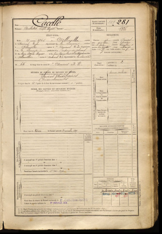 Cacelle, Berthollet Joseph Xavier, né le 21 mai 1866 à Allonville (Somme), classe 1886, matricule n° 281, Bureau de recrutement d'Amiens