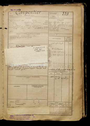 Carpentier, Valentin Alphonse, né le 12 avril 1901 à Crotoy (Le) (Somme), classe 1921, matricule n° 339, Bureau de recrutement d'Abbeville