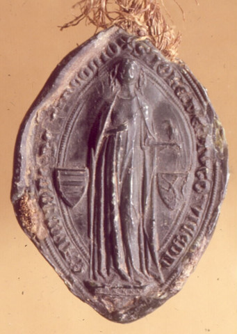 Sceau de Jeanne d'Eu, épouse de Renaud de Picquigny, à dextre l'écu de Picquigny et à sénestre l'écu d'Eu