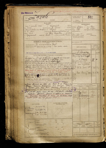 Zazali, Laurent, né le 05 novembre 1899 à Guyencourt-Saulcourt (Somme), classe 1919, matricule n° 882, Bureau de recrutement de Péronne