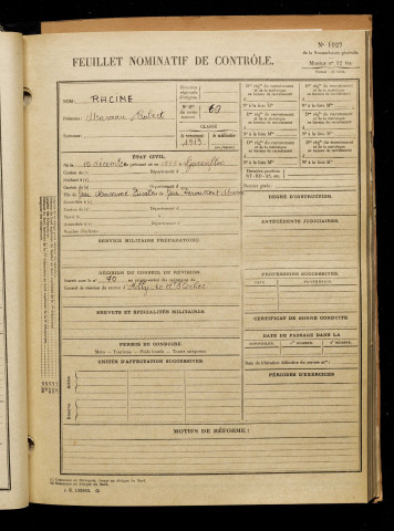 Racine, Marceau Robert, né le 15 décembre 1893 à Gorenflos (Somme), classe 1913, matricule n° 69, Bureau de recrutement d'Abbeville