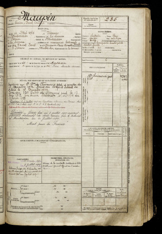 Maupin, Lucien Paul Casimir, né le 12 mai 1895 à Piennes-Onvillers (Somme), classe 1915, matricule n° 285, Bureau de recrutement de Péronne