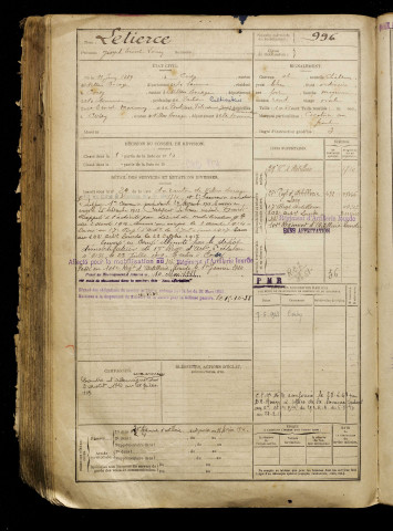 Letierce, Joseph Ernest Lucien, né le 11 juin 1889 à Coisy (Somme), classe 1909, matricule n° 996, Bureau de recrutement d'Amiens