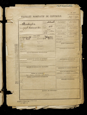 Poidevin, Joseph Ferdinand Léon, né le 13 janvier 1889 à Woignarue (Somme), classe 1909, matricule n° 969, Bureau de recrutement d'Abbeville