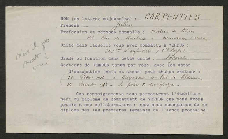 Témoignage de Carpentier, Julien et correspondance avec Jacques Péricard