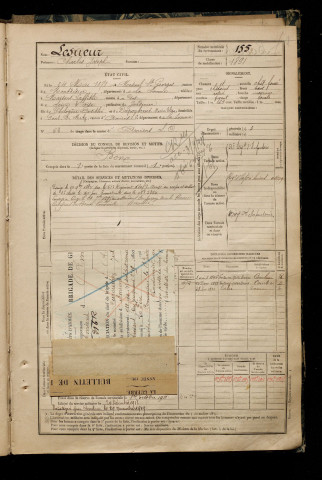 Lesueur, Charles Joseph, né le 24 mai 1871 à Mesnil-Saint-Georges (Somme), classe 1891, matricule n° 155, Bureau de recrutement d'Amiens