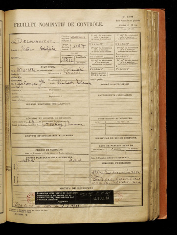 Deloubrière, Victor Adolphe, né le 25 février 1892 à Pendé (Somme), classe 1912, matricule n° 1197, Bureau de recrutement d'Abbeville