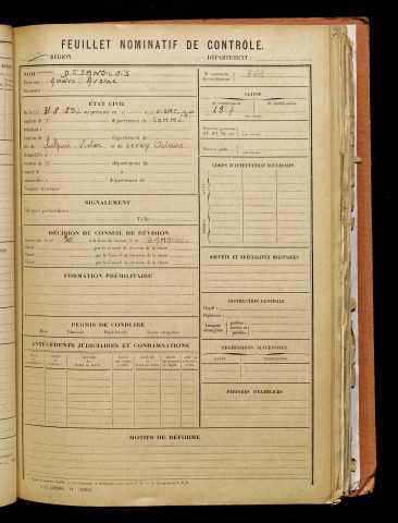 Desanglois, André Arsène, né le 31 août 1897 à Vismes (Somme), classe 1917, matricule n° 353, Bureau de recrutement d'Abbeville