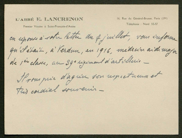 Témoignage de Lancrenon, E. (Abbé) et correspondance avec Jacques Péricard