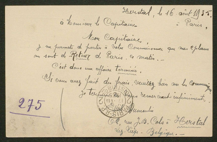 Témoignage de Dumont, Armand (Officier comptable du matériel) et correspondance avec Jacques Péricard
