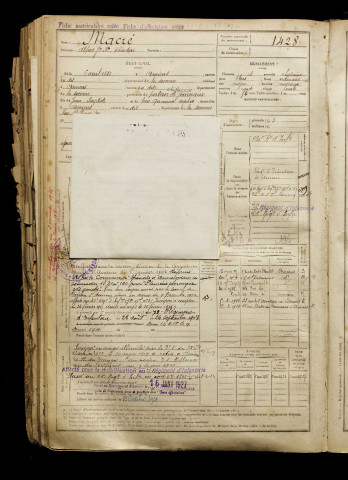 Macré, Alfred Jean Baptiste Théodore, né le 06 avril 1881 à Amiens (Somme), classe 1901, matricule n° 1428, Bureau de recrutement d'Amiens