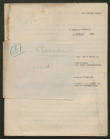 Témoignage de Pesneau, Raymond (Sergent) et correspondance avec Jacques Péricard