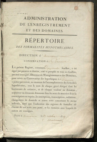 Répertoire des formalités hypothécaires, du 13/10/1819 au 03/01/1820, registre n° 084 (Péronne)