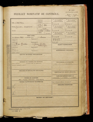 Crétel, Julien Gustave, né le 12 mars 1897 à Amiens (Somme), classe 1917, matricule n° 344, Bureau de recrutement d'Amiens