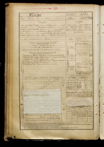 Hénon, Henri, né le 11 septembre 1877 à Solesmes (Nord), classe 1897, matricule n° 1131, Bureau de recrutement de Péronne