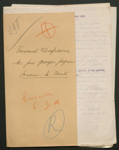 Témoignage de Dufrasne, Fernand (Brancardier) et correspondance avec Jacques Péricard