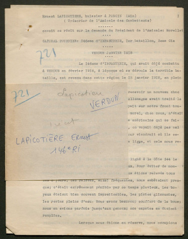 Témoignage de Lapicotière, Ernest (Caporal fourrier) et correspondance avec Jacques Péricard