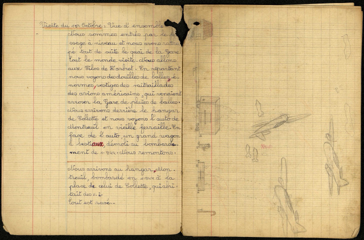 Cahier d'écolier comportant des récits historiques et des dessins d'enfant dans les environs de Bavincourt, au limites du département de la Somme et du Pas-de-Calais