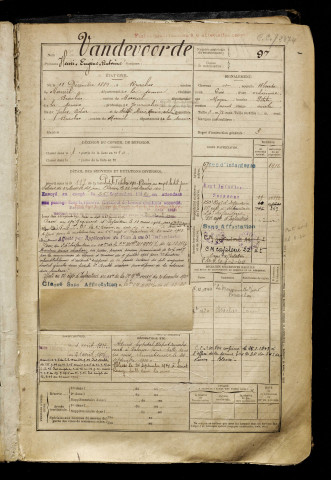 Vandevoorde, Henri Eugène Antoine, né le 11 décembre 1889 à Braches (Somme), classe 1909, matricule n° 97, Bureau de recrutement de Péronne