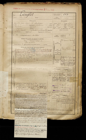 Langlet, Léon Louis, né le 27 juin 1877 à Montdidier (Somme), classe 1897, matricule n° 227, Bureau de recrutement de Péronne