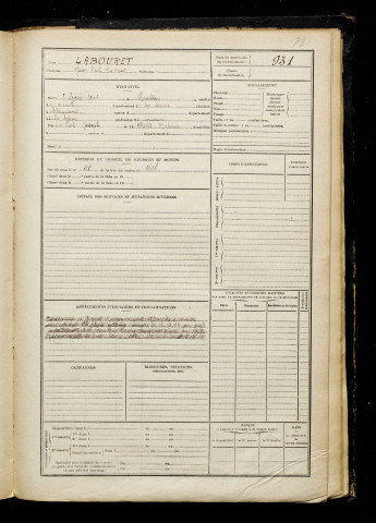 Labouret, Jean Paul Gabriel, né le 08 février 1901 à Hombleux (Somme), classe 1921, matricule n° 931, Bureau de recrutement de Péronne