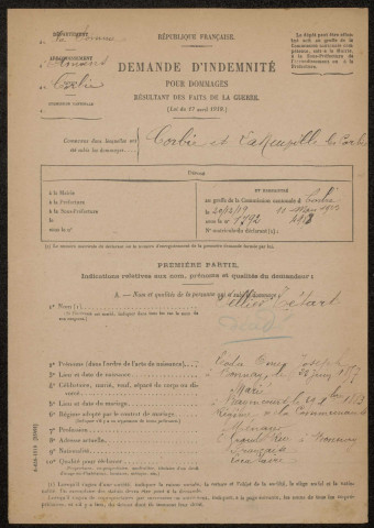 Corbie. Demande d'indemnisation des dommages de guerre : dossier Sellier-Tétart