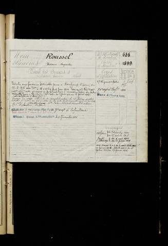 Roussel, Victorien Augustin, né le 14 avril 1879 à Puisieux (Pas-de-Calais), classe 1899, matricule n° 658, Bureau de recrutement de Péronne